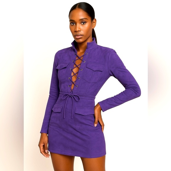 RENDOLL LAGOS Faux Suede Lace Up Sheath Mini Dress Long Sleeve Mock Neck US 6 - Picture 2 of 12